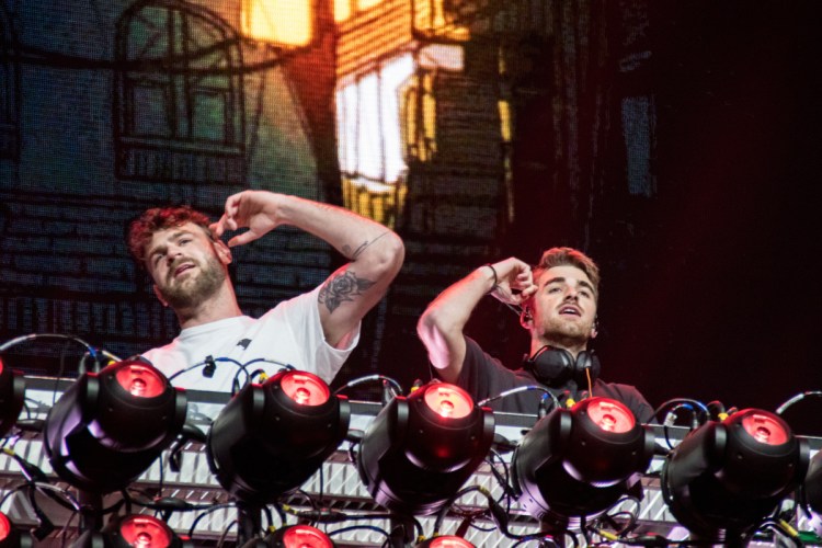 The Chainsmokers in concert at BottleRock Napa Valley in Napa, CA. Alex Pall on the left and Drew Taggart on the right.   