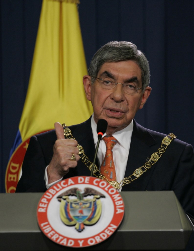 Costa Rica's President Oscar Arias speaks during a news conference at the presidential palace in Bogota, after being decorated with the San Carlos Order in 2010. Arias was on a two-day official visit. (AP Photo/William Fernando Martinez)