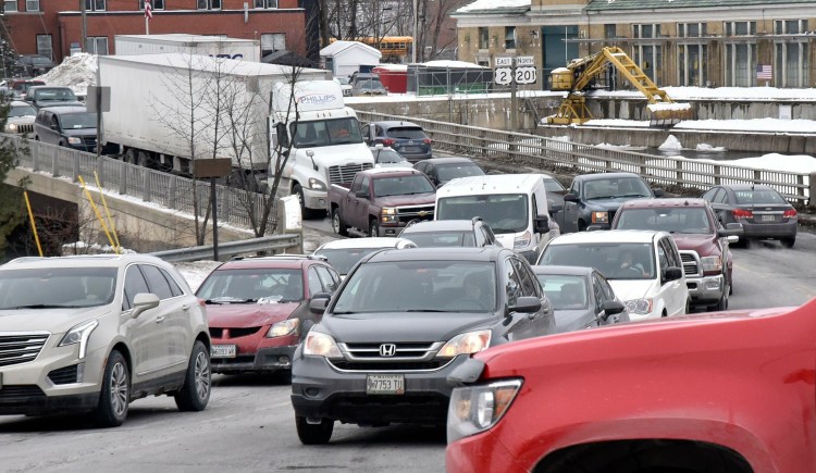Traffice congestion extends in both directions at mid-afternoon Wednesday, when schools and area businesses close for the day, from the southern Margaret Chase Smith bridge in Skowhegan.