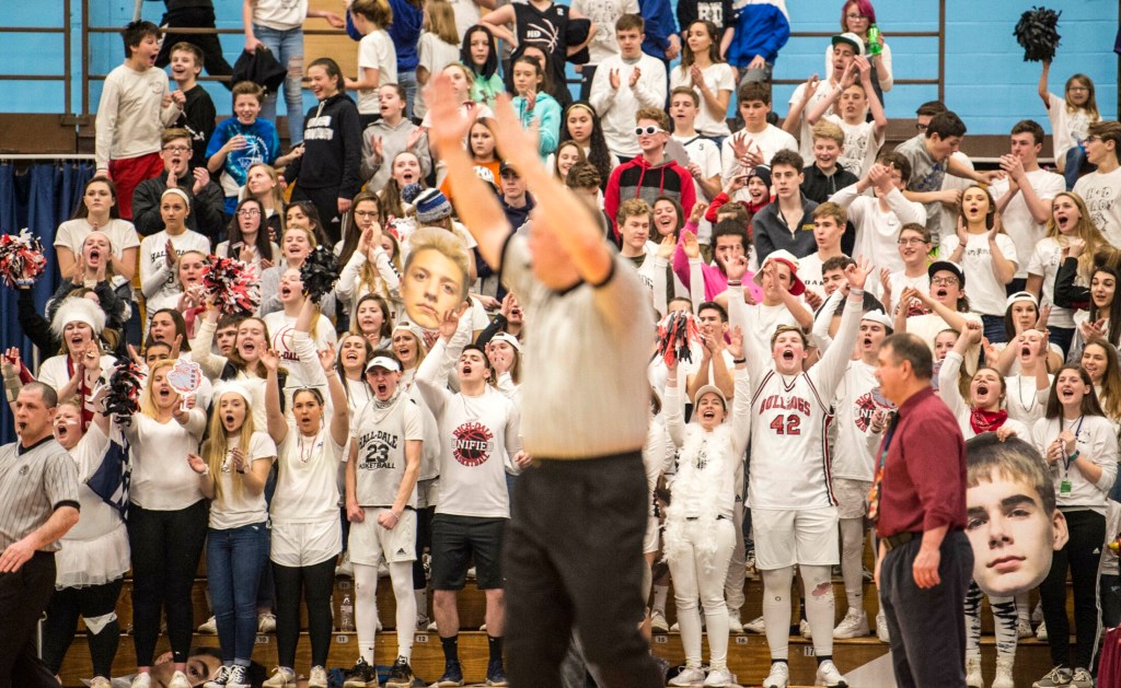 Hall-Dale High School fans celebrate a three-pointer in the first half of a Class C Richmond High School in the Class C South semifinals last season at the Augusta Civic Center .