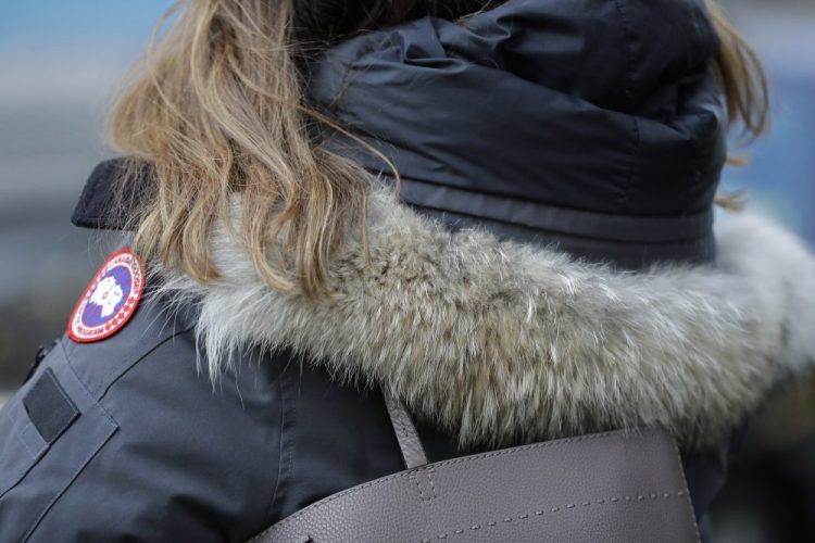 A woman in New York wears a Canada Goose coat with a hood fur trimmed with coyote fur on Feb 14, 2019. 