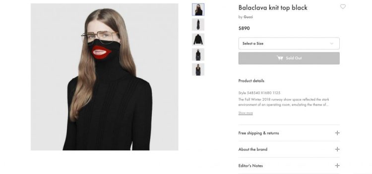 A screenshot taken on Thursday Feb.7, 2019 from an online fashion outlet showing a Gucci turtleneck black wool balaclava sweater for sale, that they recently pulled from its online and physical stores. 
