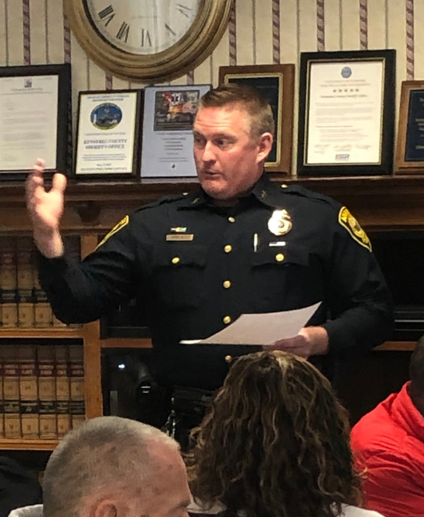 Augusta police Chief Jared Mills talks during a meeting about law enforcement dispatching options on Feb. 14 in Augusta.