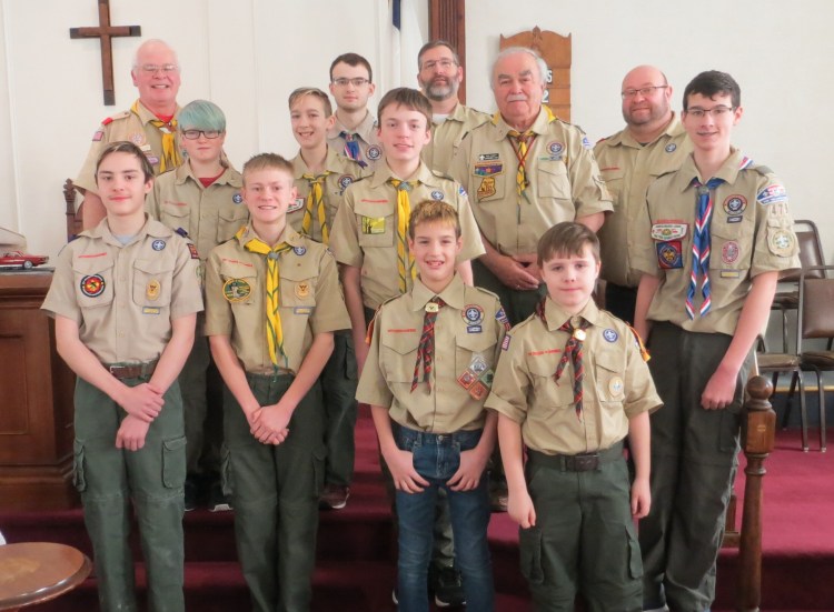 Boy Scout Troop 479, front from left, are Michael Boostedt, Sam Boynton, Hunter Praul, Bryson Pettengill and Cameron Rossignol. Second row from left are 
Ayden Newell, Rémy Pettengill, Ron Emery, Sean Boynton and Aiden Pettengill. Third row from left are Scott Adams, Tucker Leonard and Lee Pettengill.