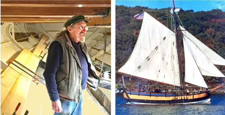 Left: Master shipwright Leon Poindexter below decks on the Providence replica during her reconstruction.
Right: Providence full-scale replica, under full sail.