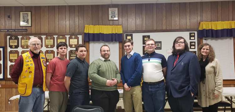 Whitefield Lions club hosted the annual "Speak Out" competition Jan. 24. From left are Lion Cal Prescott, Caleb Sacks, Arthur Sollitt, Erskine advisor Nicholas Waldron, Hagen "Joki" Wallace, Adam Ochs, Conor Skehan and Lions Club President Kim Haskell.