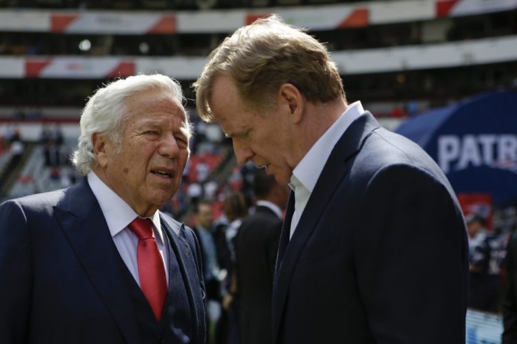 In this Nov. 19, 2017, file photo, NFL Commissioner Roger Goodell, right, talks with New England Patriots owner Robert Kraft before the Patriots face the Oakland Raiders in an NFL football game in Mexico City. Pending the completion of police investigations in Florida, and likely a league probe as well, Goodell could punish Kraft for being charged with two counts of soliciting a prostitute.