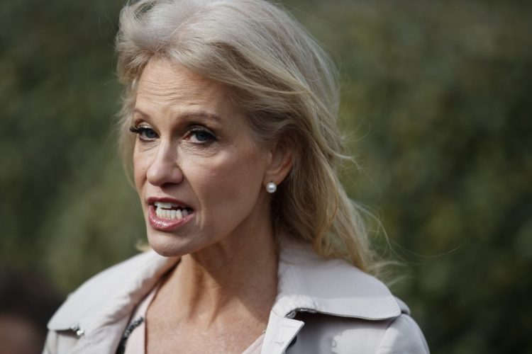 White House senior adviser Kellyanne Conway talks with reporters outside the White House in Washington on Jan.23, 2019. Conway says she was grabbed and shaken by a woman at a Mexican restaurant in Bethesda, Maryland, late last year. 
