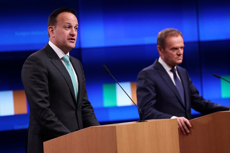 Irish Prime Minister Leo Varadkar, left, makes a joint statement with European Council President Donald Tusk in Brussels on Wednesday.