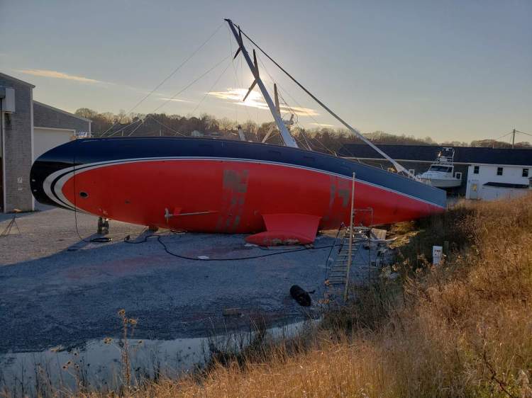 The Vesper was on its side after an incident at the Lyman Morse boatyard in November. 