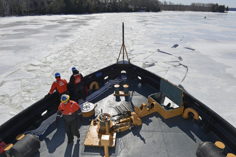 The crew of the Coast Guard Cutter Thunder Bay breaks ice along the Kennebec River in Gardiner in this March 27, 2014 photo.