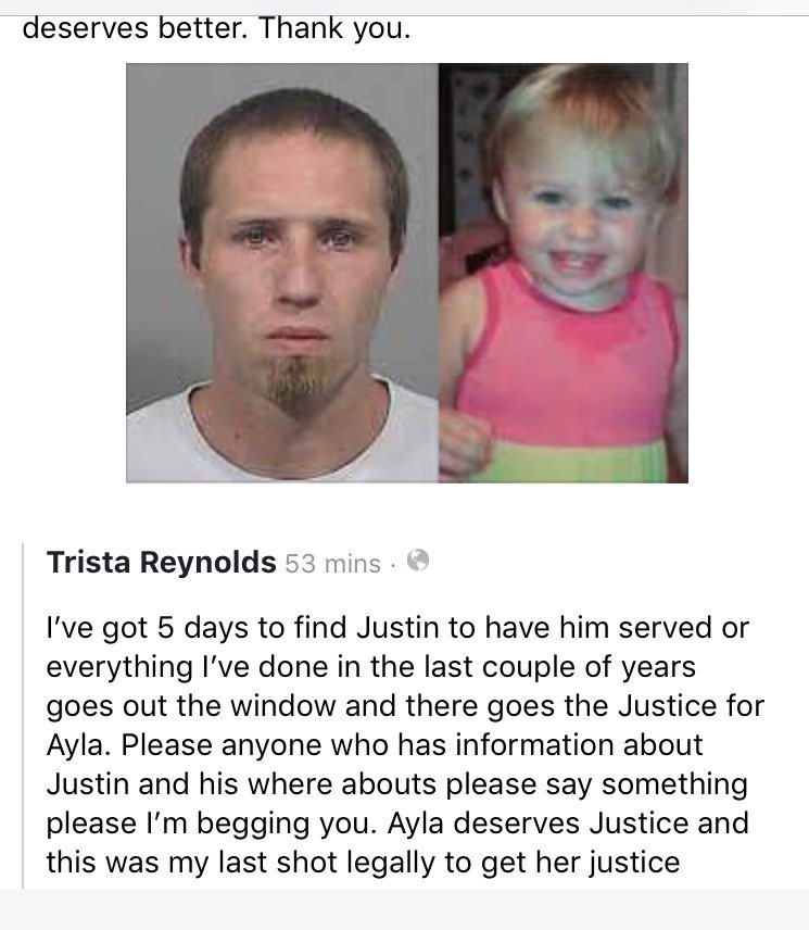Trista Reynold's Facebook post pleading for help in locating Justin DiPietro on Tuesday.