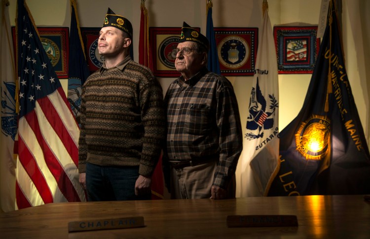 Craig Bailey, commander of Bourque-Lanigan American Legion Post 5, left, and Pearley Lachance, Legion chaplain, pose Friday at the Legion post on Drummond Avenue in Waterville. The post is holding a fundraiser Sunday featuring an Elvis Presley tribute performer.