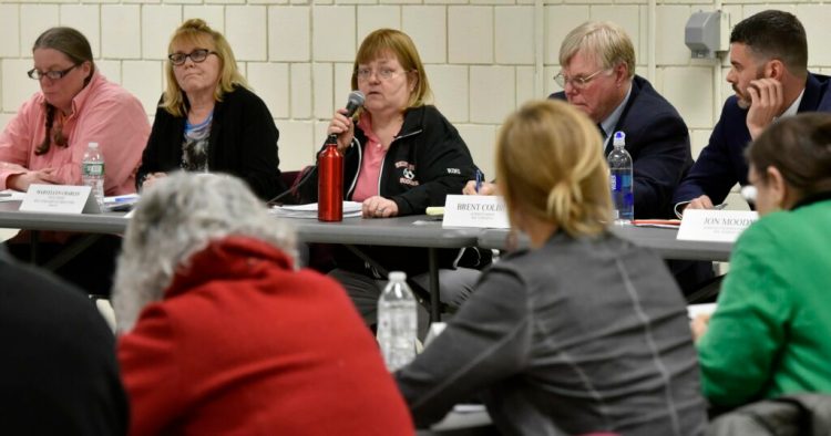 SKOWHEGAN,  ME-  MARCH 7: 
SAD 54 school board chair Dixie Ring, center, moderated a meeting where the school board voted to cease using word 'Indian' in district schools during a meeting March 7 in Skowhegan.