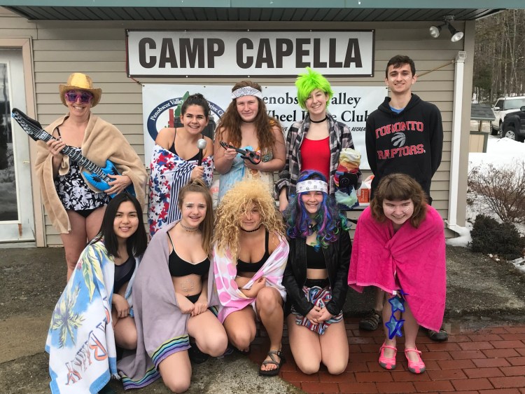 Hall-Dale High School Key Club recently took part in polar plunge on Lake Phillips to benefit Camp CaPella in Dedham. In front, from left, are Aigul Muratova, Ella Schaab, Naomi Lynch, Sarah Benner and Savannah Strout. In back, from left, are Key Club Advisor Lydia Leimbach, Lauren Sylvester, Savannah Millay, Georgia Howe and Anthony Romano.