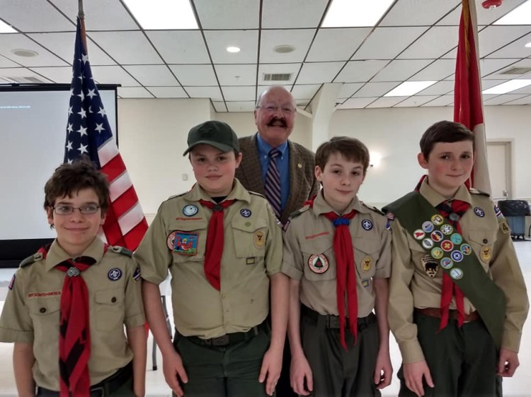 Front, from left are Tobias Crocker, Dresden Laqualia, Sam Bernier and Malahki Kornsey, with John Fortier in the back. The Scouts are members of Boy Scout Troop 436 in Waterville.