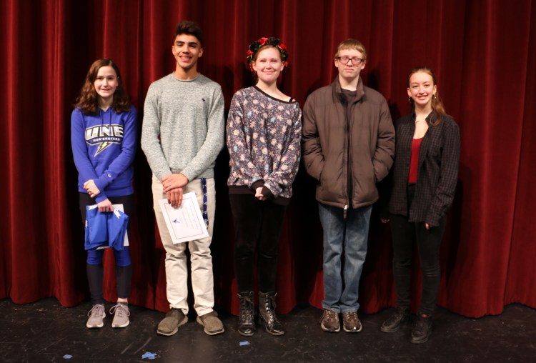Messalonskee High School Feburary Students of the Month from left are Olivia Roy, 
Daimian Lewis, Hanna Lavenson, Lukas Duquette and Ela Peterson.
