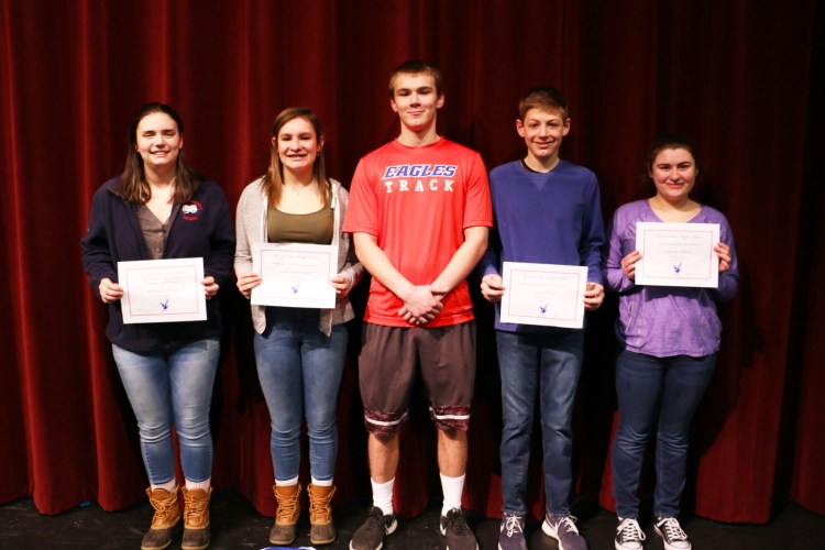Messalonskee High School January Students of the Month from left are Kailey Pelletier, Gabby Smart, 
Ben Edman, Caden Cote and Allyson Albert.
