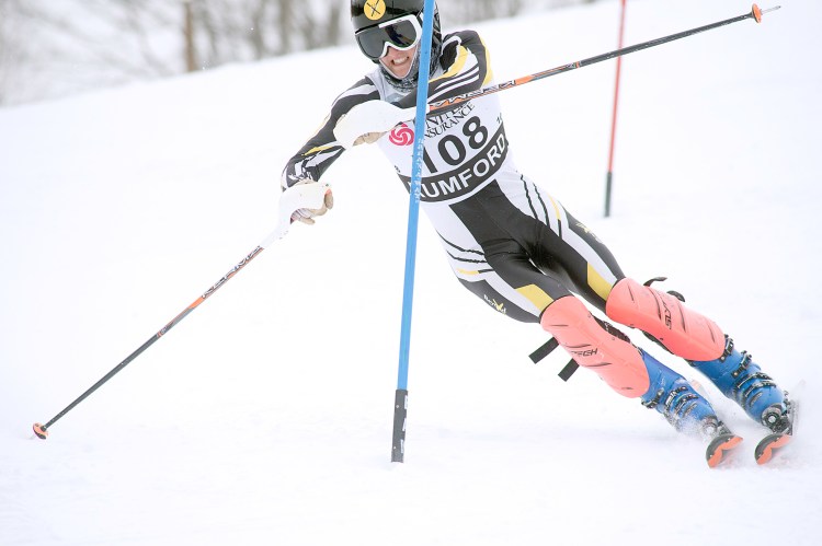 Maranacook's Robbie McKee cross skis during the Class B championship meet earlier this season at Black Mountain on Wednesday.