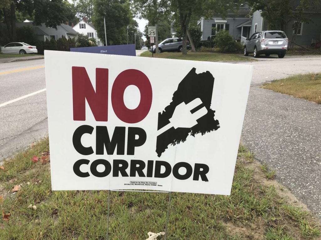 This sign along a road in Yarmouth has a disclosure tag saying it was paid for by Stop the Corridor, which has a Westbrook post office box, but it's unclear who's behind the group. A spokesman declined to answer questions about who's in charge of the effort and funding it.