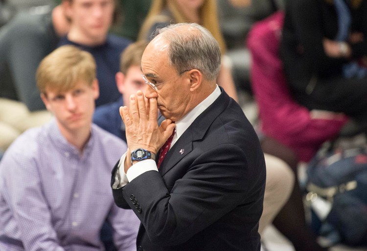 Former U.S. Rep. Bruce Poliquin listens to a question on the merits of ranked-choice voting during a public discussion Tuesday in the Page Commons Room at Colby College's Cotter Union in Waterville.