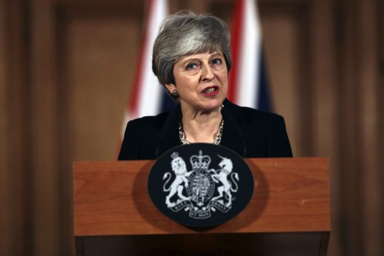Britain's Prime Minister Theresa May says at a news conference Tuesday outside Downing Street in London that she will seek another delay of Britain's exit from the European Union awhile trying to come to agreement with the political opposition to break the Brexit impasse. May made the announcement after the EU's chief negotiator warned that a chaotic and costly Brexit was likely in just 10 days unless Britain snapped out of the political crisis that has paralyzed the government and Parliament. 