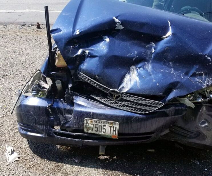 A three-vehicle accident Tuesday at the intersection of Route 27 and Anson Valley Road in New Vineyard sent two people to the hospital, including the driver of this 2003 Toyota Camry, Hannah Senecal of New Portland.