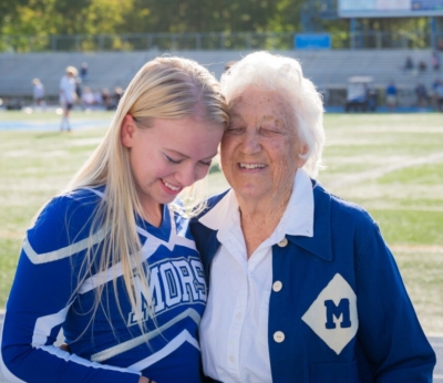 Morse senior Olivia Cunningham poses with her 99-year-old great grandmother Eva Wood recently. Wood was a Morse cheerleader in 1941 and is wearing her uniform from that year.