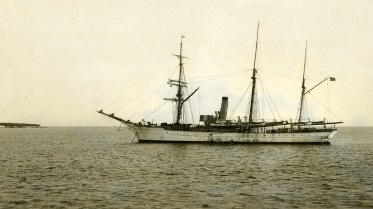 In this July 1908 photograph provided by the U.S. Coast Guard Historian's Office, the U.S. Revenue Cutter Bear sits at anchor while on Bering Sea Patrol off Alaska. The wreckage of the storied vessel, that served in two World Wars and patrolled frigid Arctic waters for decades, has been found, the Coast Guard said. (U.S. Coast Guard Historian's Office via AP)