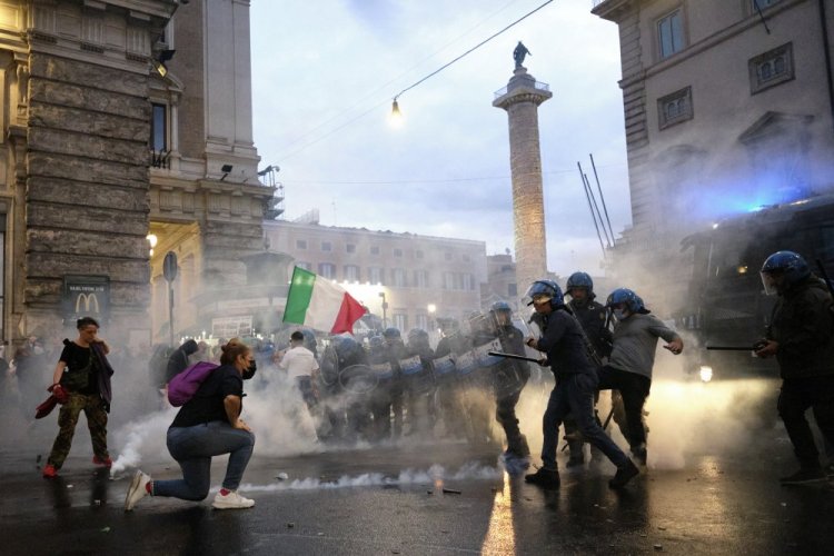 Demonstrators and police clash during a protest Saturday in Rome. Italy fears that there could be a replay of last week's mobs trying to force their way toward Parliament. 