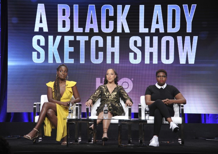Executive producer Issa Rae, from left, Robin Thede, creator/executive producer/writer/star, and director Dime Davis participate in HBO's "A Black Lady Sketch Show" panel at the Television Critics Association Summer Press Tour in Beverly Hills, Calif., on July 24, 2019. (