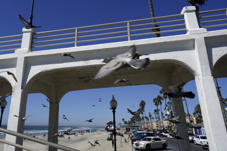 Birds fly past a bridge connecting the Oceanside pier to Pacific Street on Friday in Oceanside, Calif. The iconic bridge is deteriorating because the city lacks the money for a roughly $25 million rehabilitation. 
