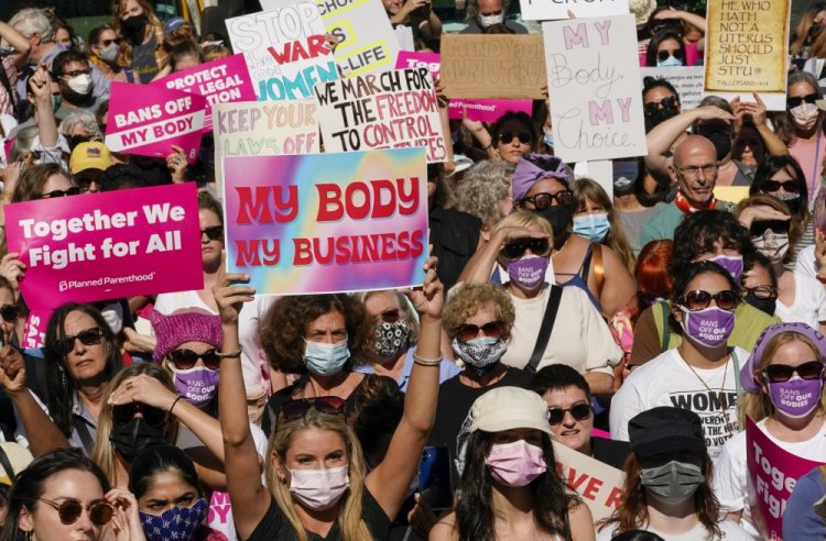 Demonstrators rally to to demand continued access to abortion during the March for Reproductive Justice on Saturday in New York. 