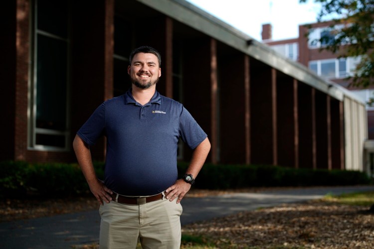 PORTLAND, ME - OCTOBER 14: Camden Ege is a veteran who served in the U.S. Air Force and is the Assistant Director of Veterans Services at the University of Southern Maine. Photographed at USM's Portland campus on Thursday, October 14, 2021. (Staff photo by Gregory Rec/Staff Photographer)