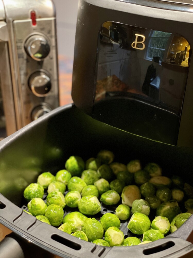 Sprouts in the air fryer basket. (Photo by Christine Burns Rudalevige)
