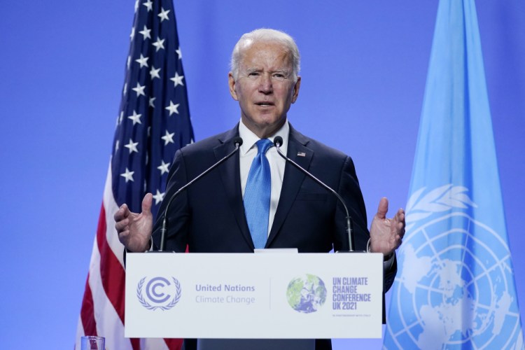 President Biden speaks during a news conference at the COP26 U.N. Climate Summit on Nov. 2, in Glasgow, Scotland. Since the Interior Department began holding Gulf-wide lease sales in 2017, almost $1 billion in revenue has been generated.