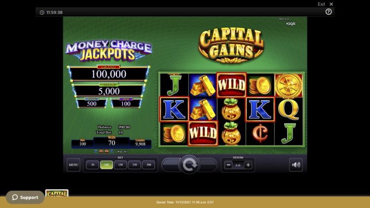 This Nov. 12, 2021 photo shows a screen shot of a demonstration version of the Capital Gains online slot game. A Yardley, Pennsylvania, woman is suing the manufacturer of the game, saying it gave her a notice on her cell phone that she had won $100,000. But the manufacturer says “a bug” in the system wrongly told her she won more than she was entitled to. 