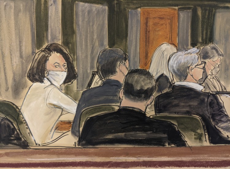 In this courtroom sketch, Ghislaine Maxwell sits at the defense table during final stages of jury selection Monday in New York. Two years after Jeffrey Epstein's suicide behind bars, a jury will determine a central question in the long-running sex trafficking case: Was his longtime companion his puppet or accomplice? 
