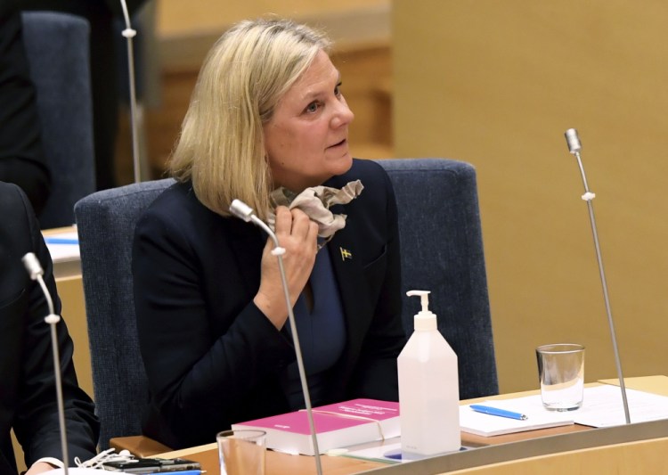 Sweden's Finance Minister and Scocial Democratic Party leader Magdalena Andersson looks on during a vote in the Swedish parliament Riksdagen, in Stockhom on Nov. 24.  Sweden’s parliament has approved Magdalena Andersson as the country’s first female prime minister. 