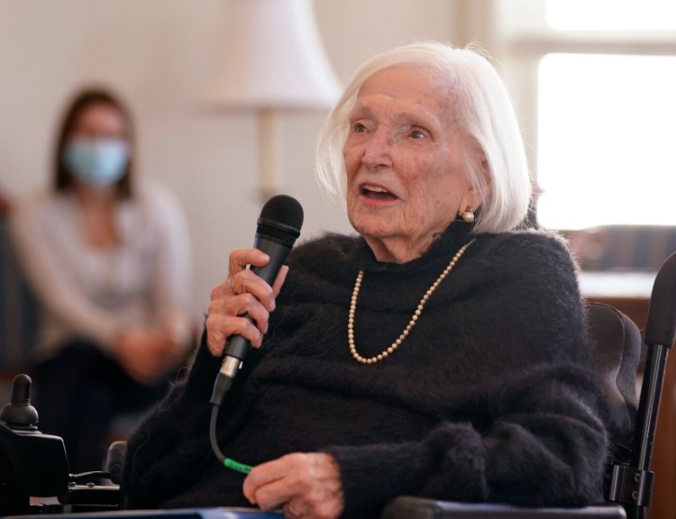 Jane Case, who served as a code girl in the U.S. Navy WAVES during World War II, speaks during a ceremony honoring her service on Tuesday, the 80th anniversary of the Pearl Harbor attacks, at Piper Shores in Scarborough.