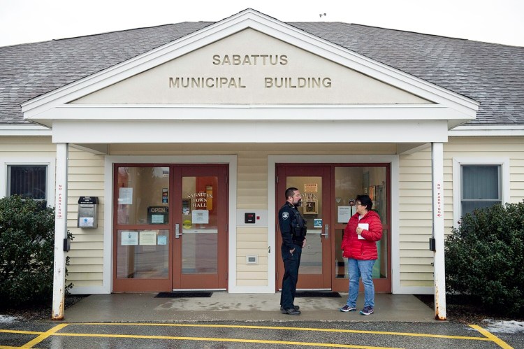 Sabattus police officer Rich Stanton talks with Carole Spencer Thursday outside the Sabattus Police Department. Spencer said that she is very frustrated with the lack of investment the town of Sabattus is putting into their police department. "We need these guys," Spencer said about police officers. "I like law and order. We are going to have people take things into their own hands if we do not act." "I don't know what is going to happen to our cops, but it doesn't look good," said Spencer, a lifelong Sabattus resident.