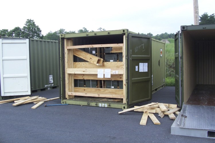 A storage container holding explosive ordnance shows signs of theft after arriving at the Letterkenny Army Depot in Chambersburg, Pa., on July 13, 2017. An ammunition canister containing 32 rounds of 40mm M430A1 grenades, property of the U.S. Marine Corps, was missing. 