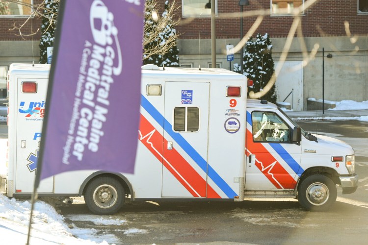 An ambulance parks Dec. 20 at Central Maine Medical Center. 