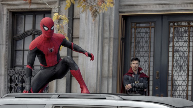 Tom Holland, left, and Benedict Cumberbatch in Columbia Pictures' "Spider-Man: No Way Home."