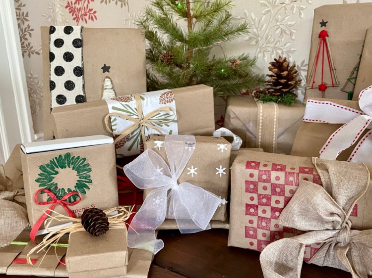 This attractive wrapping paper is made from ordinary supermarket brown paper bags; on the don't waste hierarchy, reuse trumps recycling. (And keep in mind, you can also compost these bags.)