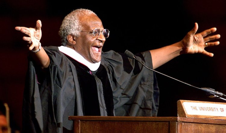 Archbishop Emeritus Desmond Tutu addresses new University of Oklahoma graduates, at a ceremony at the university after he received a honorary degree in 2000. Tutu, South Africa’s Nobel Peace Prize-winning activist for racial justice and LGBT rights and retired Anglican Archbishop of Cape Town, has died at the age of 90, South African President Cyril Ramaphosa has announced. 