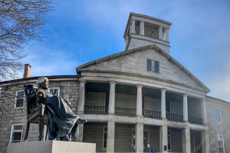 The Melville W. Fuller statue in front of the Kennebec County Courthouse at 95 State St. in Augusta on Jan. 19, 2021. One of Fuller's descendants, Robert Fuller Jr., is proposing to build a museum nearby for the statue after the county commissioners voted last year to move the statue from the courthouse grounds.