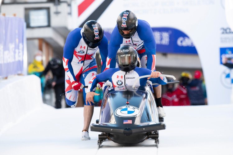 Frankie Del Duca of Bethel, driving the sled, competes in the men's 4-Bob World Cup in St. Moritz, Switzerland, on Jan. 16.