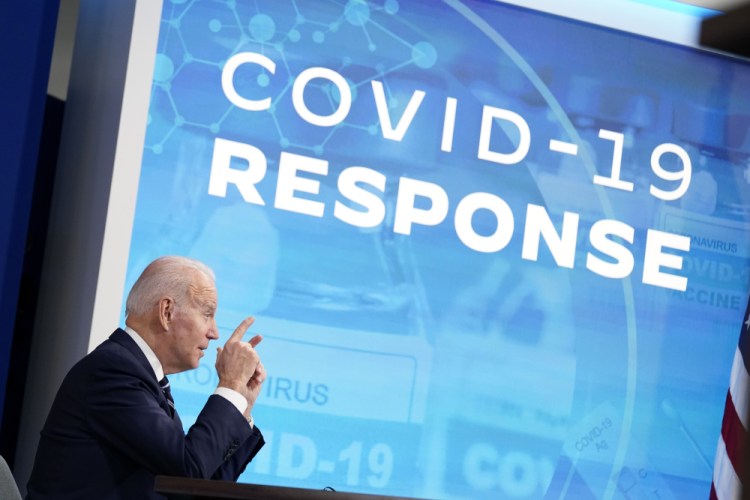 President Biden speaks about the government's COVID-19 response, in the South Court Auditorium in the Eisenhower Executive Office Building on the White House Campus in Washington on Thursday.