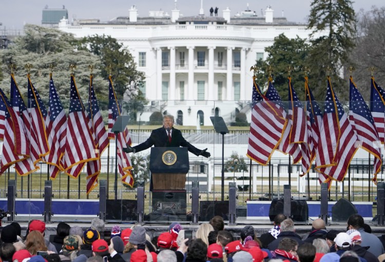Then President Trump speaks at a rally in Washington on Jan. 6, 2021. The House committee investigating the U.S. Capitol insurrection that day has issued subpoenas to people from 7 states who submitted fake documents to the government falsely claiming to be the electors from those states. 